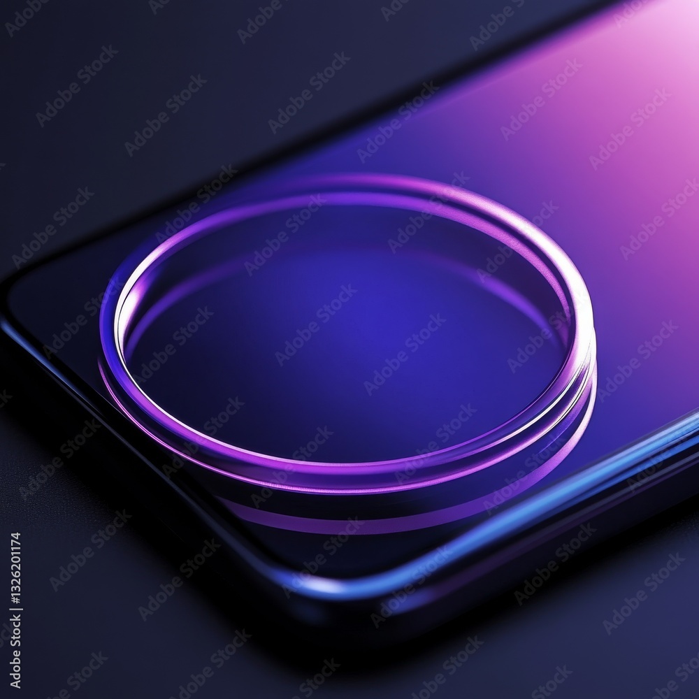 Poster Modern Design: A Sleek Smartphone Displaying a Luminous Circle with Blue and Purple Gradient Reflections