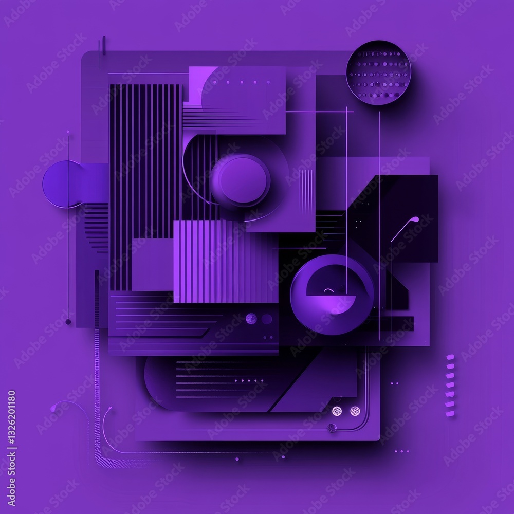 Aufkleber Modern Abstract Composition with Geometric Shapes and Lines in Shades of Purple and Violet