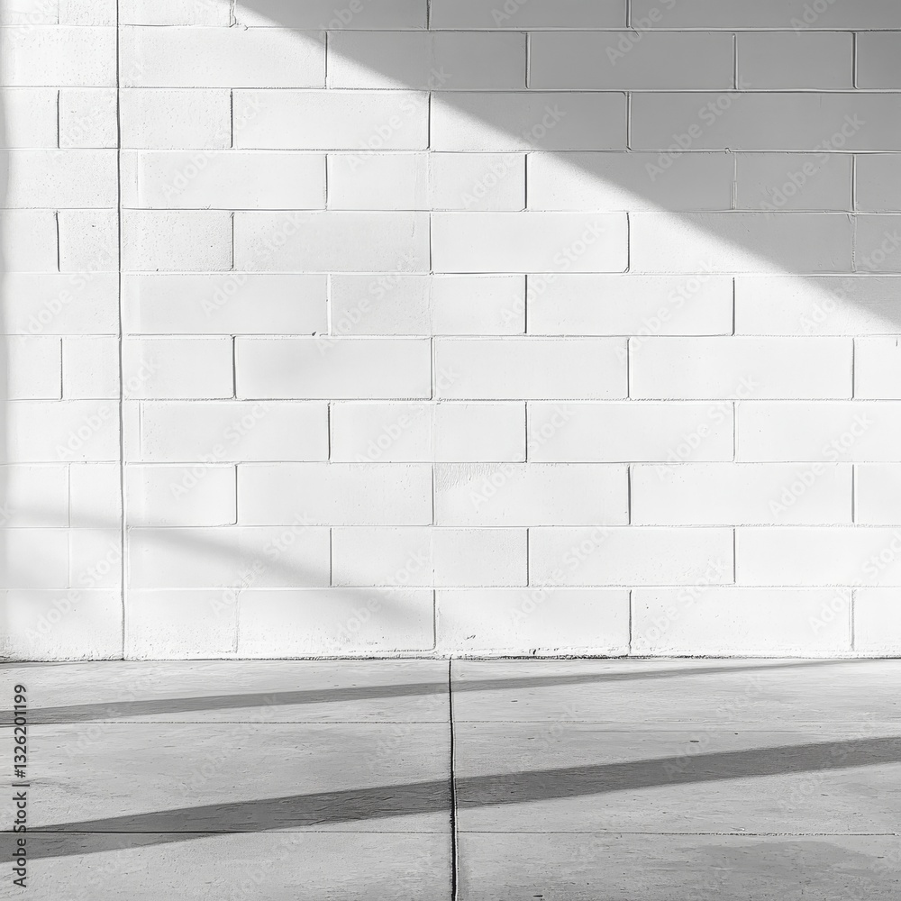 Fototapete monochromatic minimalism: sunlight dancing on a white concrete block wall and floor, creating sharp 