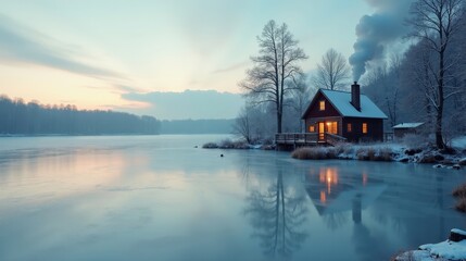 Fototapeta premium A frozen lake reflecting the pale winter sky, a rustic wooden cabin nestled on the snowy shore, smoke curling from its chimney into the crisp, cold air of the tranquil scene.