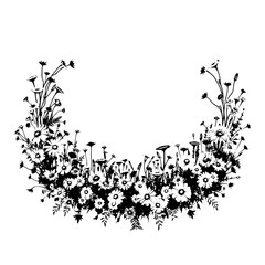 Delicate floral crescent design in black and white, featuring various daisies and wildflowers, elegantly arranged on a stark white backdrop.