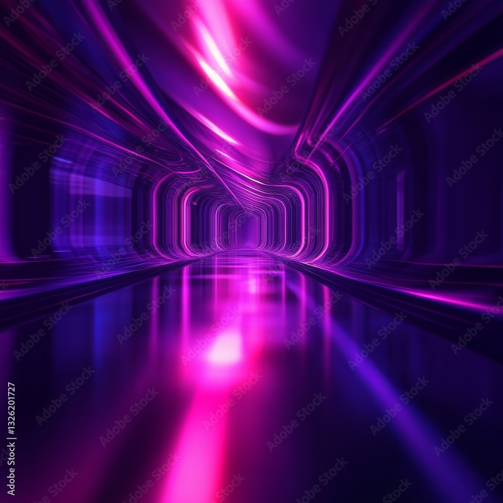 Poster Neon Cyberpunk Tunnel: Abstract Geometric Pattern with Glowing Lights, Futuristic Perspective and Purple Reflections