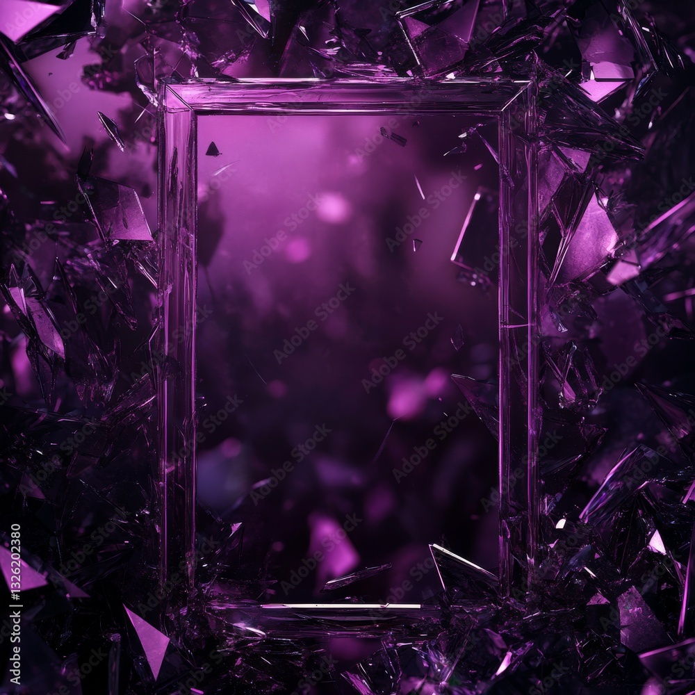 Poster shards of mystery: a shattered frame with purple reflections and dark depths beckoning from within