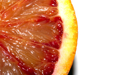 Blood Red Orange Slice Piece Fruit Cut Juicy Close up on White Background