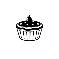 Minimalist Black and White Illustration of a Delicious Cupcake, with a Single Droplet Topping and Polka-Dot Icing.
