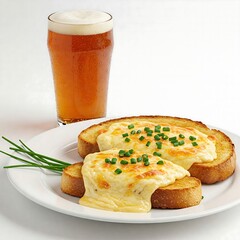 Cheese on toast with chives, served with a pint of ale, on a white plate against a clean, white background.