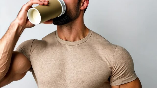 Man in beige shirt drinking coffee from a paper cup, emphasizing casual style and fitness.