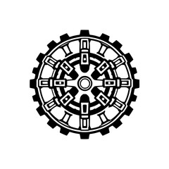 Black and white symmetrical gear design, featuring a complex cogwheel structure, isolated on a white background, with an industrial, mechanical aesthetic.