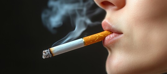 Close-up, Low Key Portrait Young Woman Smokes Cigarettes Against a stark Black Background.