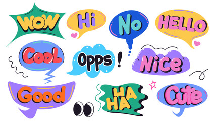 Set of doodle speech bubble with text. Chat design element in funky groovy style. Cartoon isolated vector illustration.