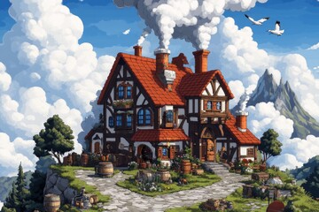 A pixel art representation of a tranquil village surrounded by rolling hills, with tiny animated details like smoke rising from chimneys and birds flying in the sky