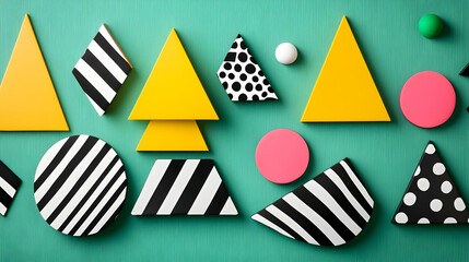 Obraz premium Colorful geometric shapes and patterns on teal background.
