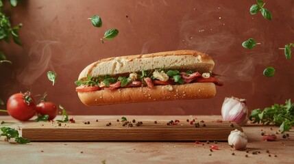 Fresh Sub Sandwich with Vegetables and Herbs on Wooden Cutting Board