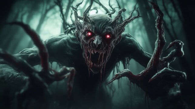 Horrible daemon ghost in dark strange forest in fog. Full of horror, fear, riddles and secrets, and does not give an answer.
