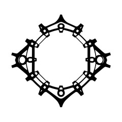 Symmetrical, Geometric Black and White Ornamental Design of a Ringed Octagon with Interlocking Structures, Evoking Mechanical Precision.