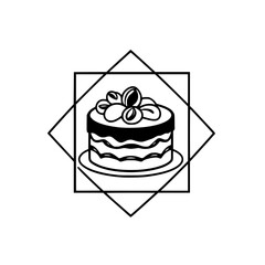 Minimalist Black and White Vector Illustration of a Decorated Layered Cake Within a Geometric Square and Diamond Frame on White