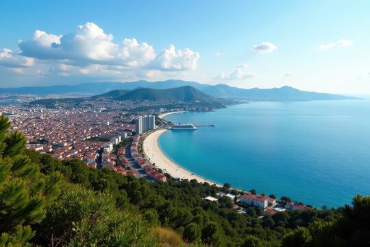 Marmara Sea view from Tekirdag, cityscape panorama, minarets, road
