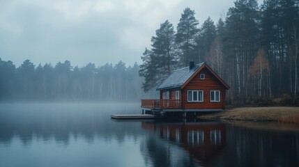 Fototapeta premium Cozy wooden fisherman's cabin by the tranquil lake surrounded by misty pines. Generative AI