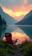 Misty dawn, tranquil lake, camping chair, cooler, tall grass , mist, lake