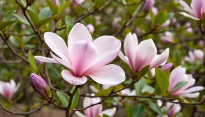 Obraz premium Magnolia Flowers Blooming on Tree Branches 