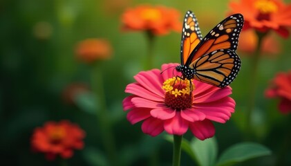 Obraz premium Monarch butterfly perched on vibrant zinnia bloom , beautiful, pollinator, delicate