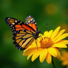 Fototapeta premium Monarch butterfly wings spread, nectaring on vibrant sunflower, garden, delicate, bright
