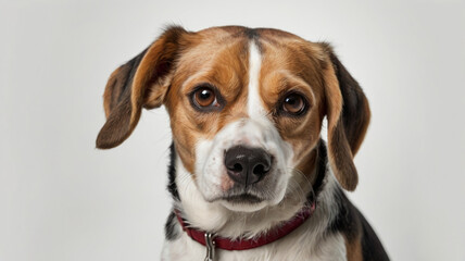 Close-up of a beagle, white background.