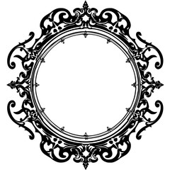 Ornate Black and White Circular Frame with Baroque Design and Decorative Scrollwork, Centered with White Space.