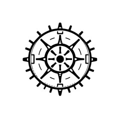 Obraz premium Simplified Black and White Gear-Shaped Nautical Steering Wheel Design, Bold, Circular, Mechanical Illustration.