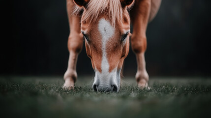 Obraz premium Man riding a brown horse in a field with a foal and grass under a green sky