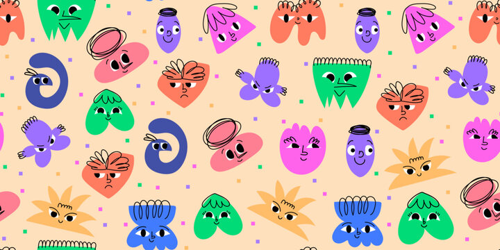 Colorful Doodle Abstract Seamless Pattern with Geometrical Shapes of Blobs with Faces. Hand drawn organic multicolored funny cartoon avatars. Happy decorative emoticons for kids