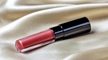 Shiny lip gloss tube mockup elegantly placed a satin fabric background with soft lighting highlighting its glossy texture