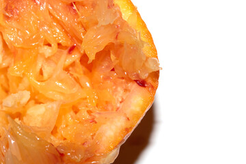 Blood Red Orange Slice Piece Fruit Cut Squeezed Crushed and Used Close up on White Background