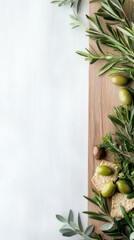 Mediterranean Flavors: A stylish, overhead composition showcases fresh olives, sprigs of rosemary, crackers on a wooden board, exuding a rustic, inviting atmosphere.