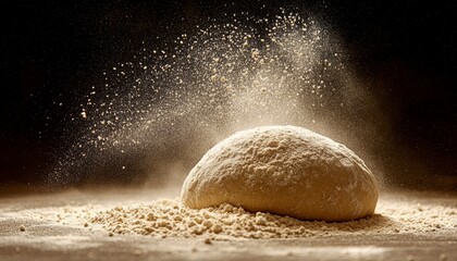Ball of raw dough sprinkled with flour on dark background, fresh ingredients for baking.