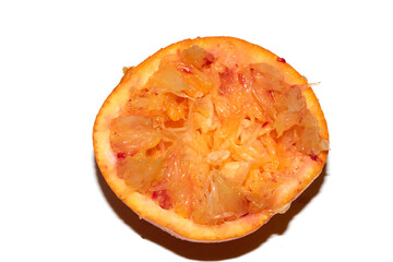 Blood Red Orange Slice Piece Fruit Cut Squeezed Crushed and Used Close up on White Background