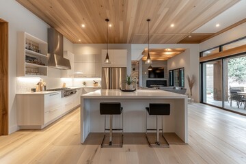 Modern kitchen with island, wood ceiling, and hardwood floors.