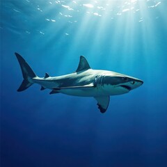 Fototapeta premium Massive great white shark underwater, isolated against blue background, shark, sea, wildlife photography