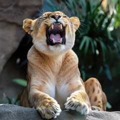Obraz premium Barbary Lion: Majestic African Big Cat with Fierce Fangs Roaring at the Zoo