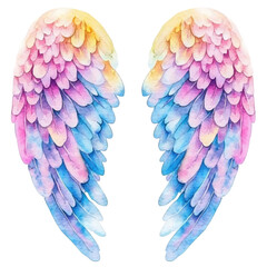 Fototapeta premium Watercolor Angel Wings: A vibrant pair of angel wings painted in watercolor with a spectrum of soft pastel colors, evoke a sense of peace, grace, and ethereal beauty.