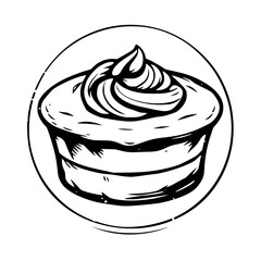 Artistic Black and White Line Art of a Layered Cake with Swirled Frosting, Contained Within a Circular Frame, Giving a Vintage Aesthetic.