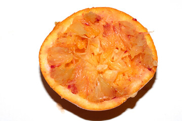 Blood Red Orange Slice Piece Fruit Cut Squeezed Crushed and Used Close up on White Background