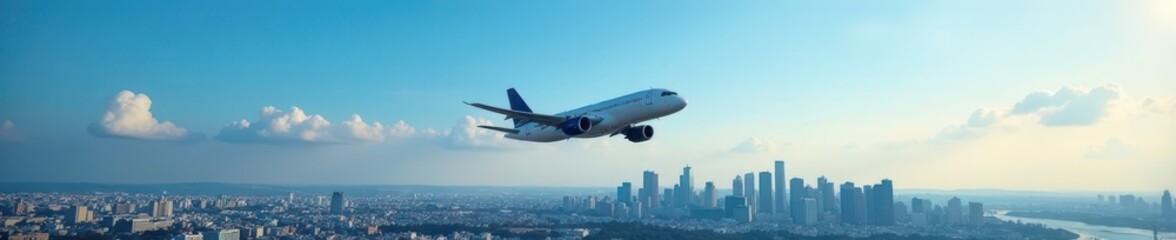 Modern airplane taking off over cityscape with blue sky, clouds, horizon