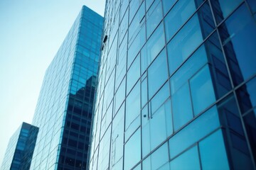 Modern office building exterior, light blue sky reflection, enterprise, achievement