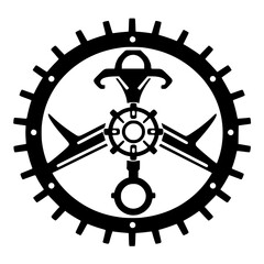 Obraz premium Intricate Black Cogwheel Design with Interlocking Components and Stylized Geometric Forms on a White Background.