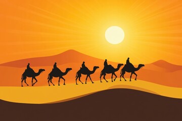 Caravan of camels crossing golden dunes in the Sahara Desert at sunset