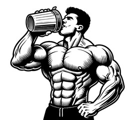 strong, muscular man drinking a protein shake, symbolizing fitness, nutrition, and bodybuilding dedication sketch engraving generative ai PNG illustration. Scratch board. Black and white image.