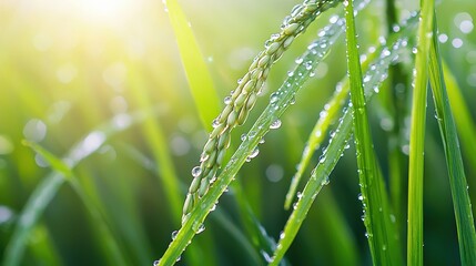 Obraz premium A close-up of a vibrant green rice stalk with morning dew, illuminated by soft sunlight