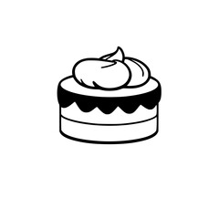 Simple Black and White Line Art of a Single-Layer Cake with Whipped Cream Frosting, Isolated on White Background.
