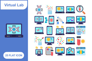 Virtual Lab Flat Icon Set, Collection of 25 Virtual Lab Flat Icon Set – 25 Science, Experiment, and Simulation Icons